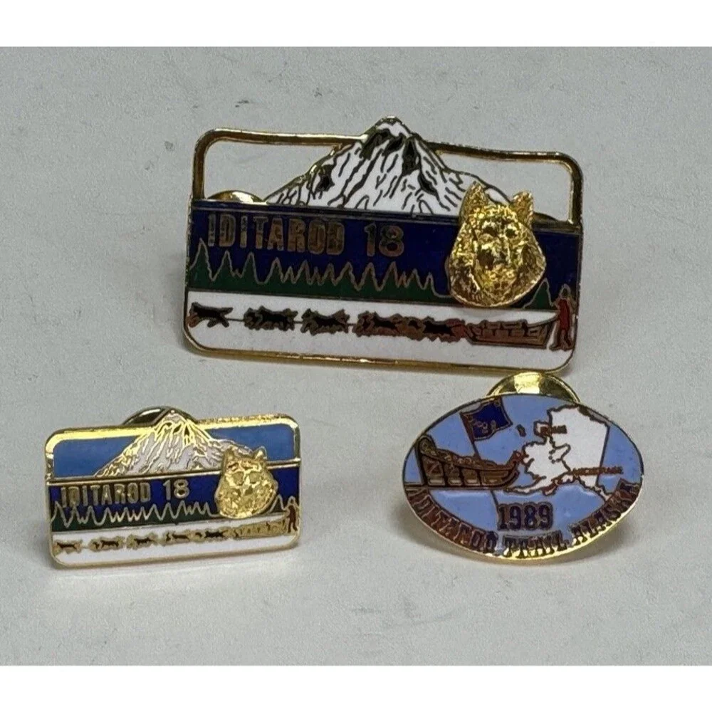 3 VTG Alaska Iditarod 18 Dog Sled Race Enamel Pin Hat Lapel Lot 1989 1990 Rare